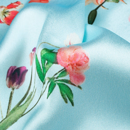Baby Blue And Red Floral Pattern Digital Print Japan Satin Fabric