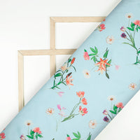 Baby Blue And Red Floral Pattern Digital Print Japan Satin Fabric