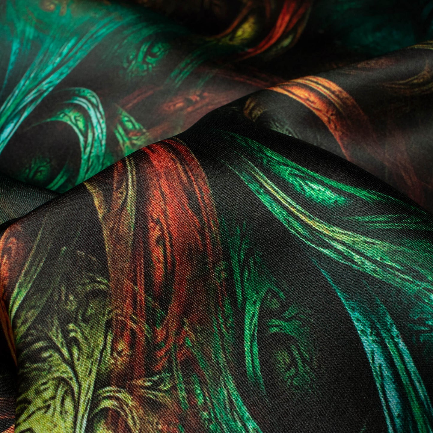 Forest Green And Burnt Orange Abstract Pattern Digital Print Japan Satin Fabric