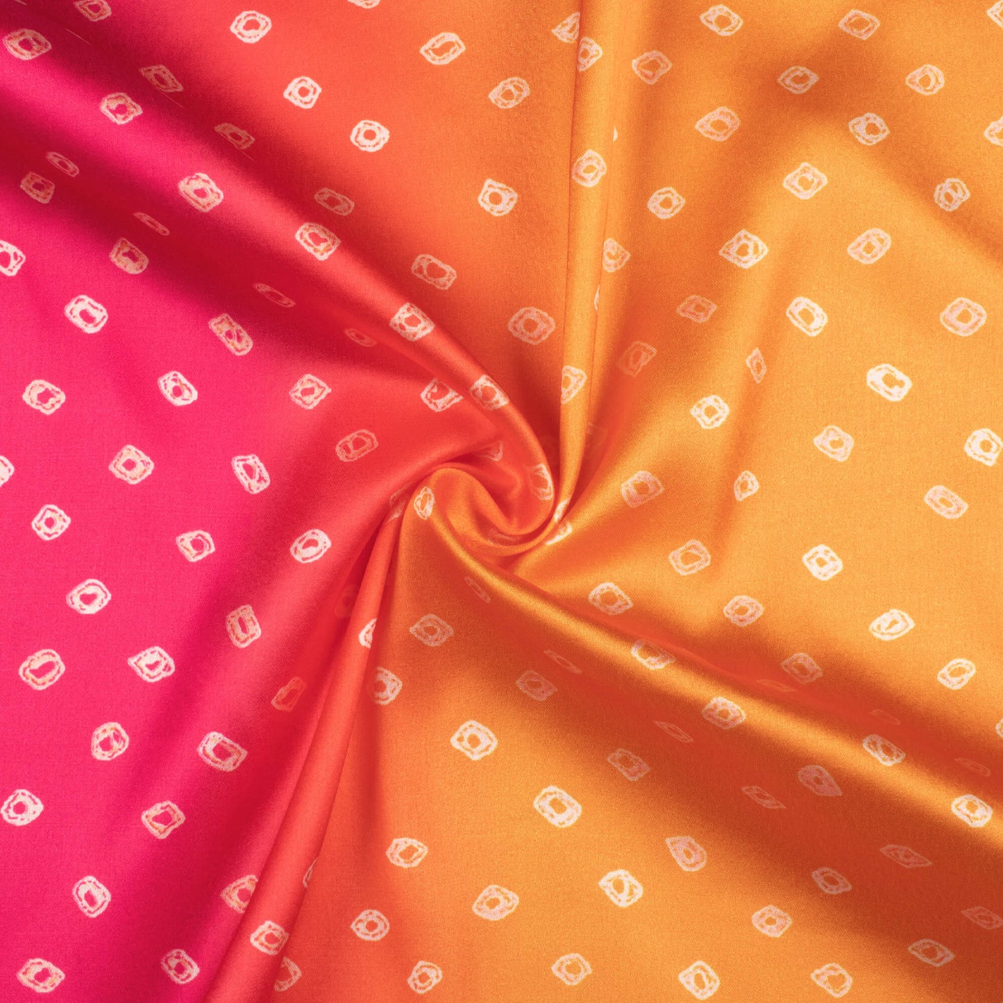 Apricot Orange And Magenta Pink Bandhani Pattern Digital Print Japan Satin Fabric