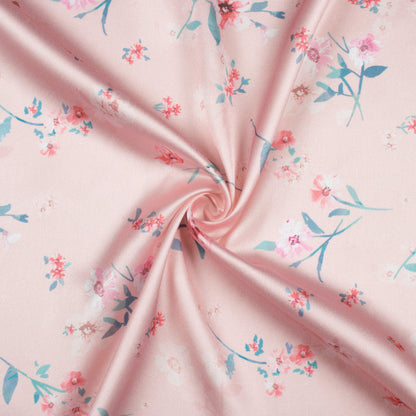 Baby Pink And Red Floral Pattern Digital Print Japan Satin Fabric