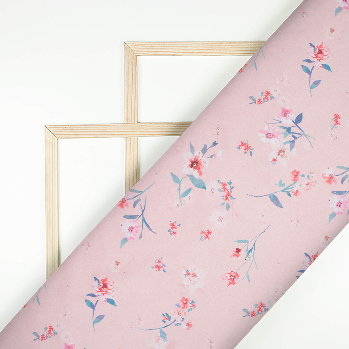 Baby Pink And Red Floral Pattern Digital Print Japan Satin Fabric