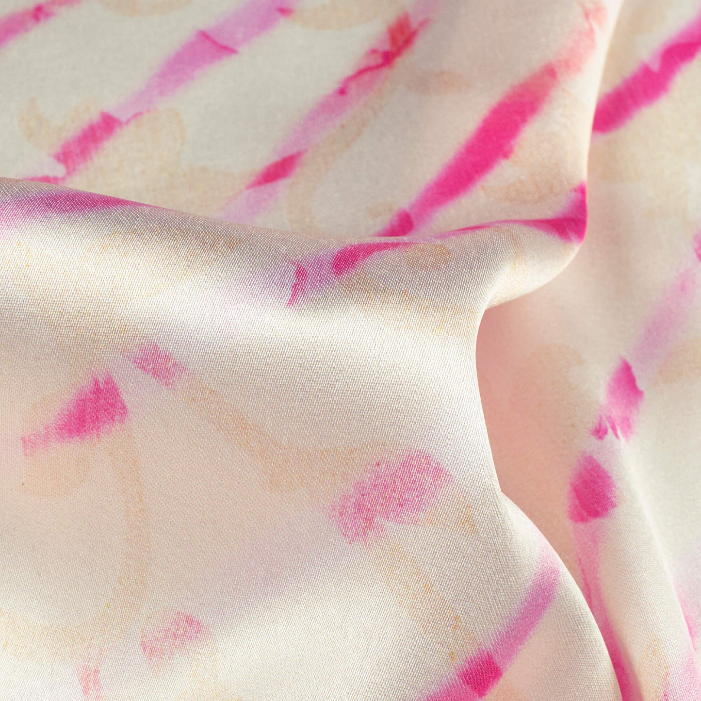 Daisy White And Hot Pink Leheriya Pattern Digital Print Japan Satin Fabric
