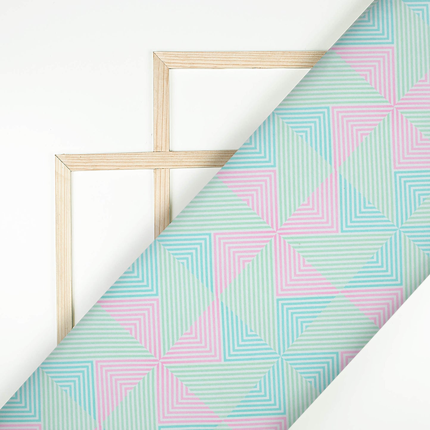 Mint Green And Taffy Pink Geometric Pattern Digital Print Japan Satin Fabric