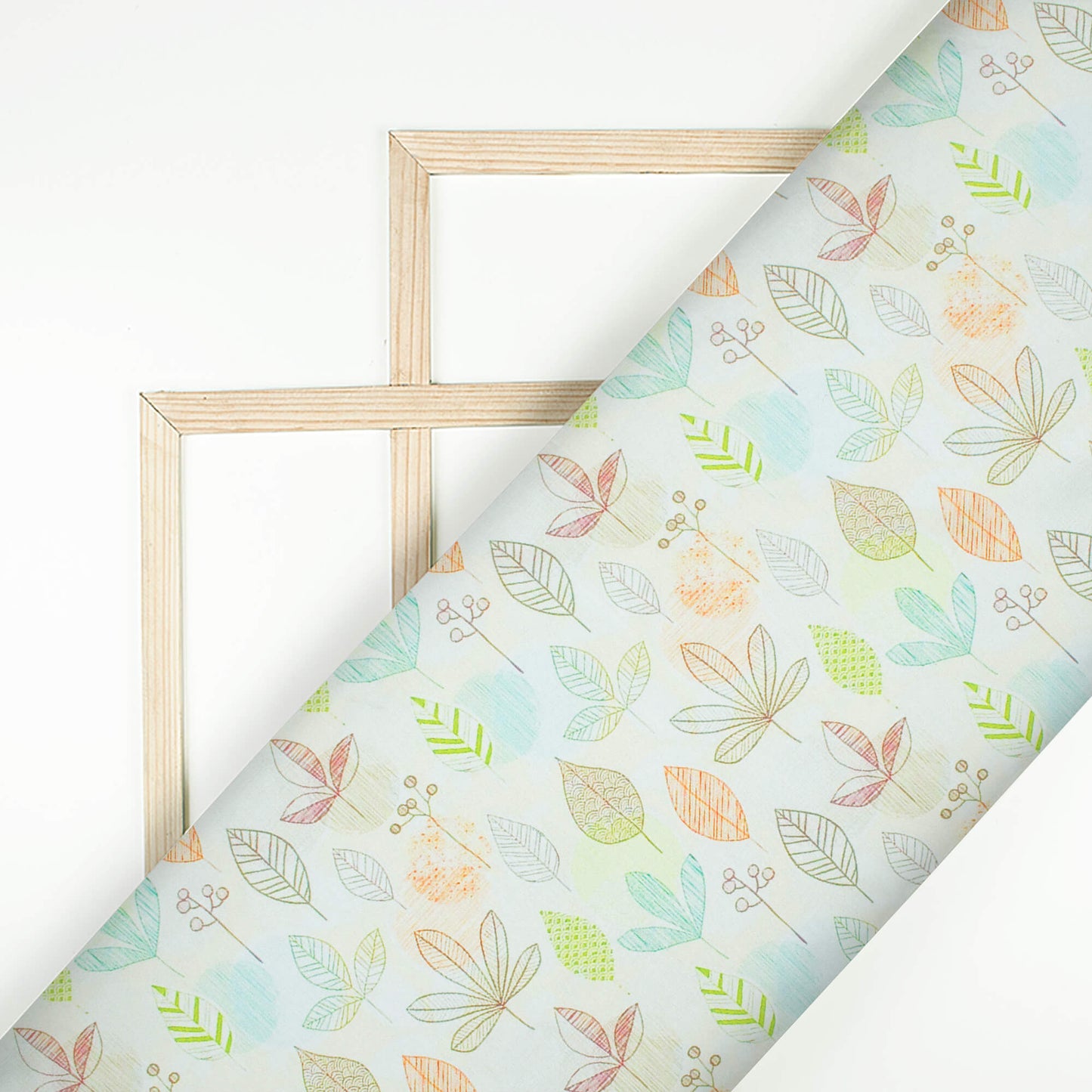 Off White And Green Leaf Pattern Digital Print Japan Satin Fabric
