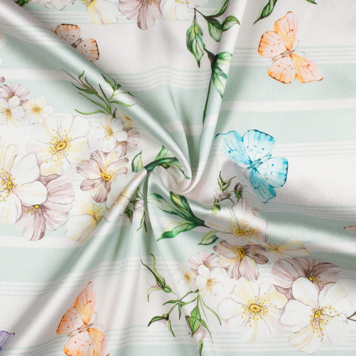 White And Pastel Green Floral Pattern Digital Print Japan Satin Fabric