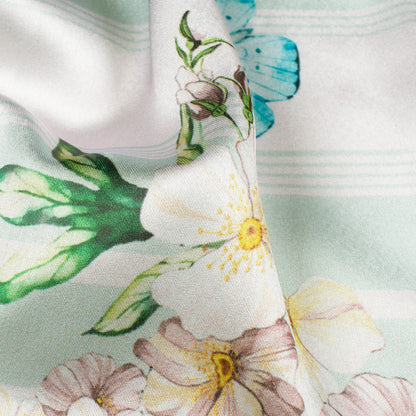 White And Pastel Green Floral Pattern Digital Print Japan Satin Fabric