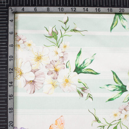White And Pastel Green Floral Pattern Digital Print Japan Satin Fabric