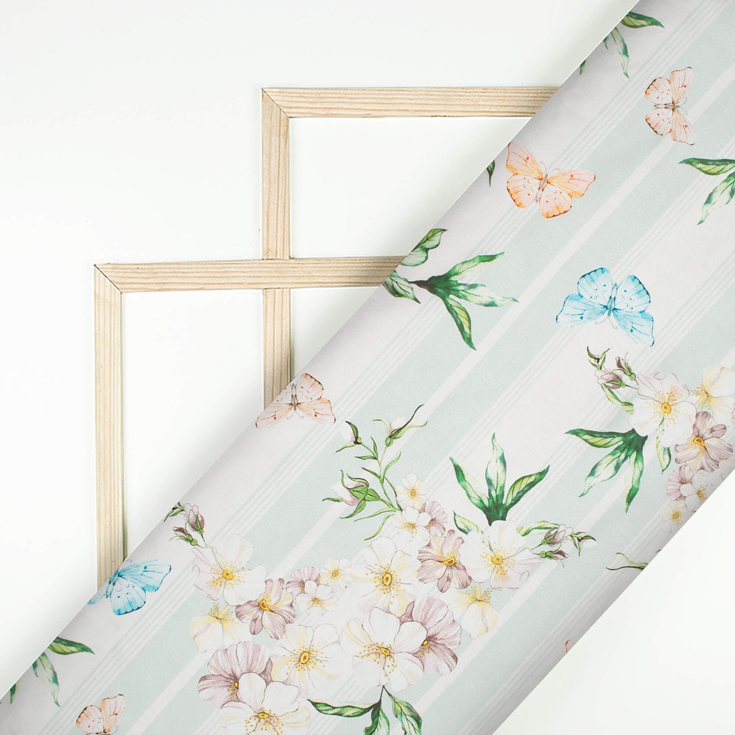 White And Pastel Green Floral Pattern Digital Print Japan Satin Fabric