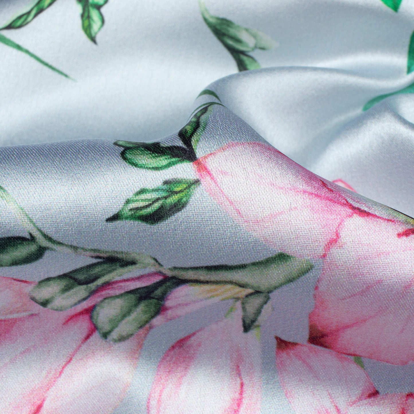 Pewter Grey And Blush Pink Floral Pattern Digital Print Japan Satin Fabric