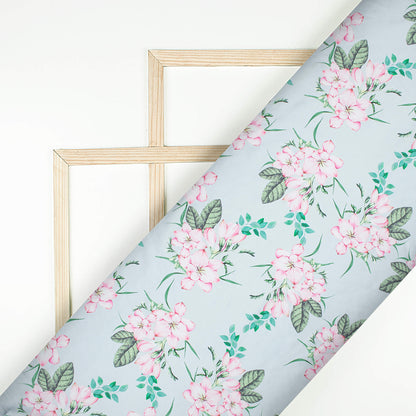 Pewter Grey And Blush Pink Floral Pattern Digital Print Japan Satin Fabric