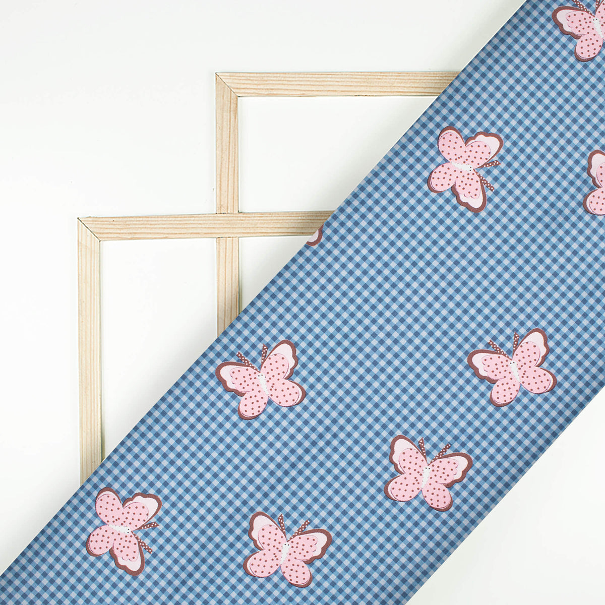 Aegean Blue And Baby Pink Butterfly Pattern Digital Print Japan Satin Fabric