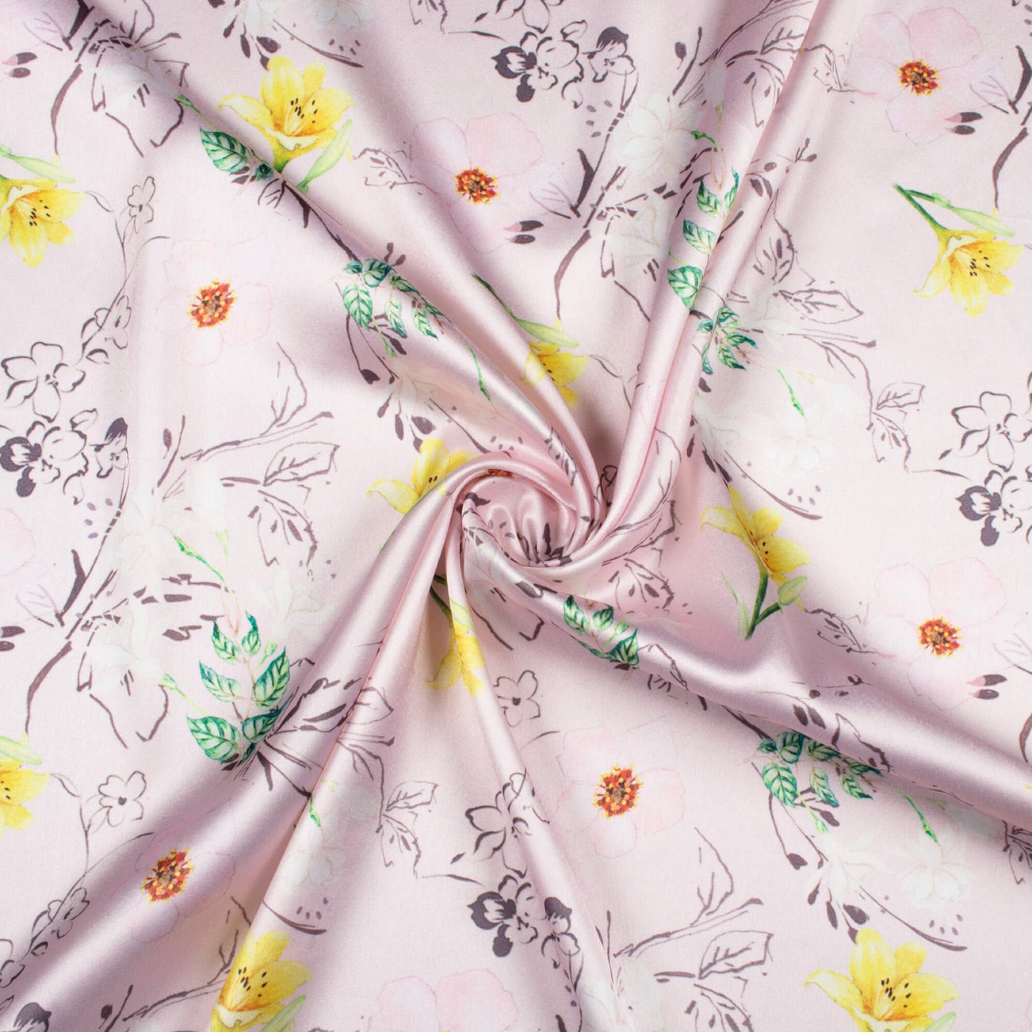 Baby Pink And Lemon Yellow Floral Pattern Digital Print Japan Satin Fabric