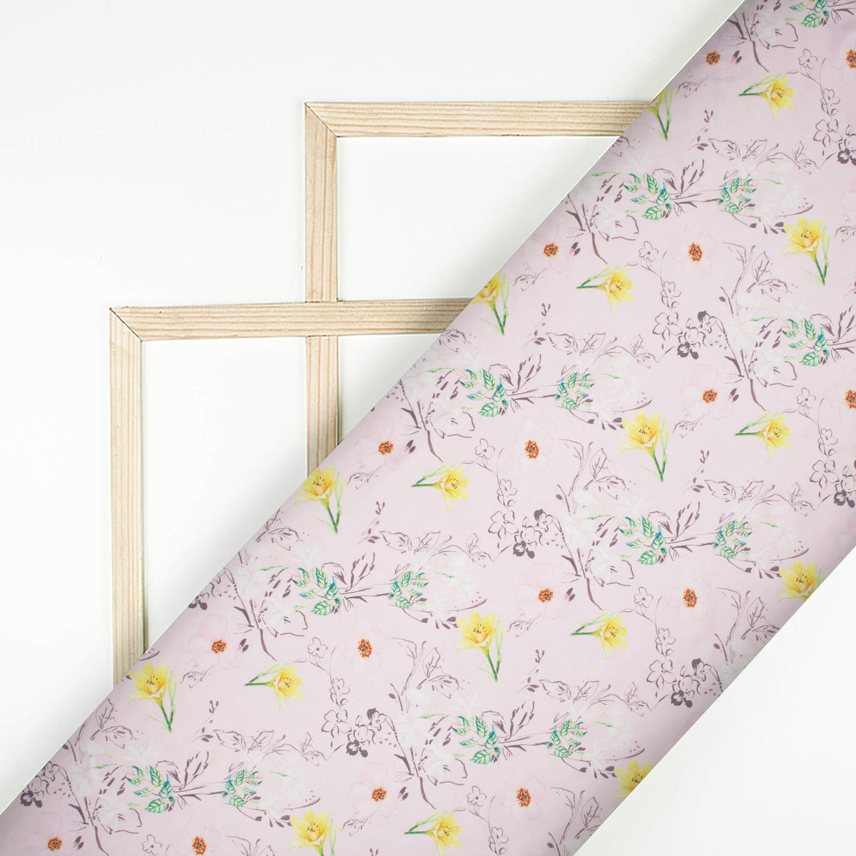 Baby Pink And Lemon Yellow Floral Pattern Digital Print Japan Satin Fabric