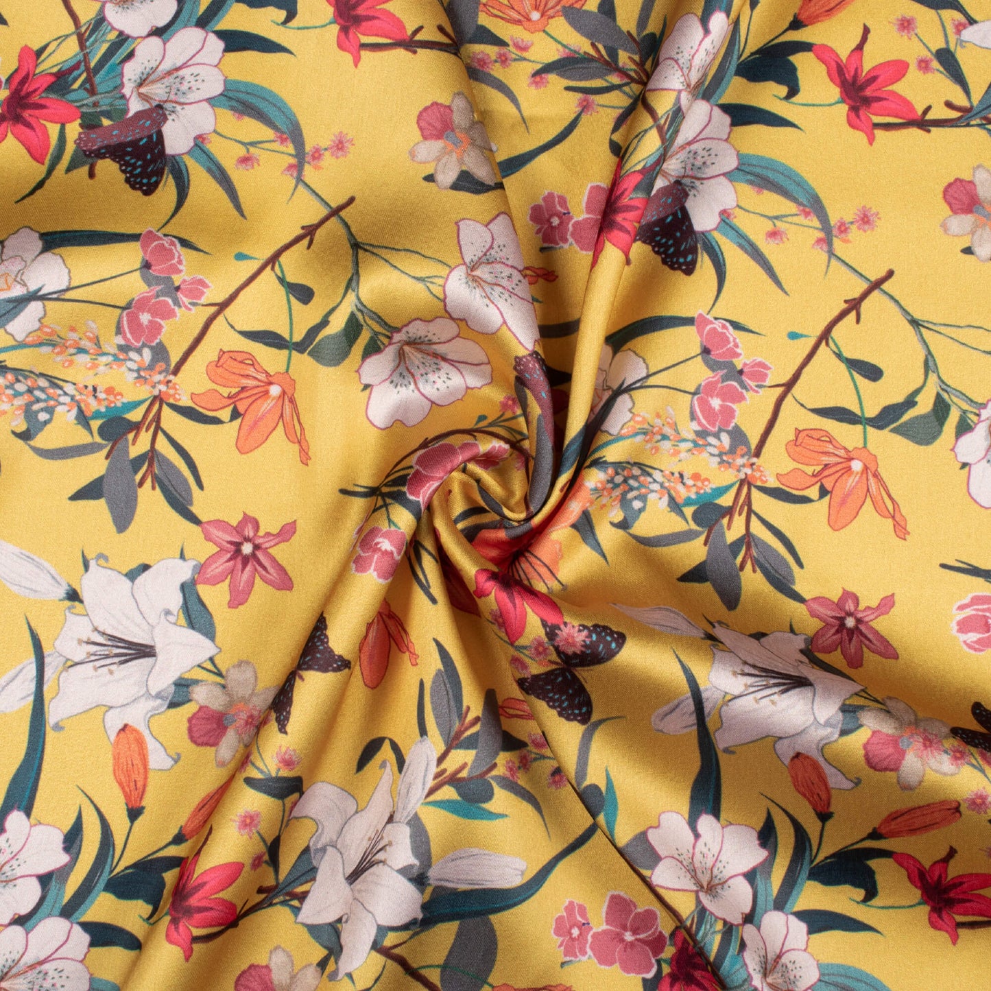 Honey Yellow And Blush Red Floral Pattern Digital Print Japan Satin Fabric