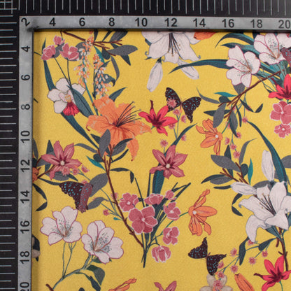 Honey Yellow And Blush Red Floral Pattern Digital Print Japan Satin Fabric