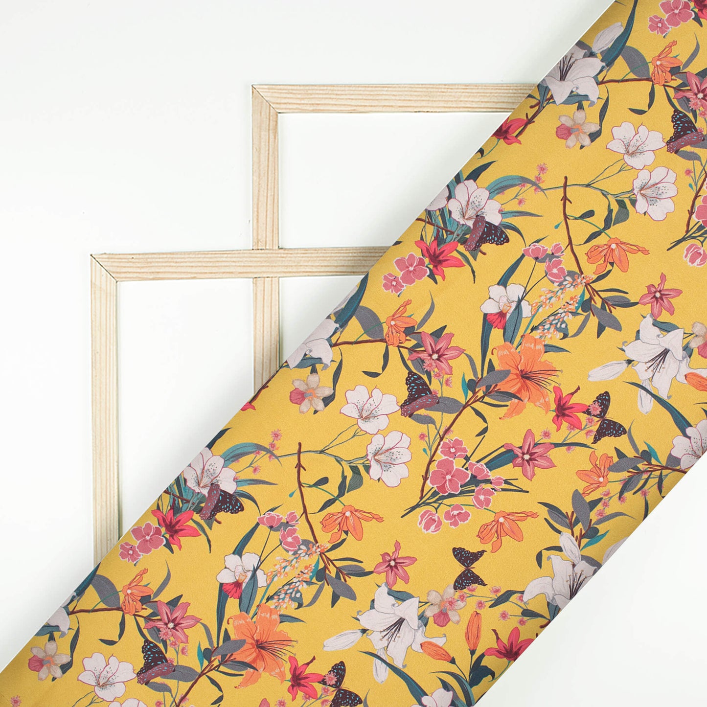 Honey Yellow And Blush Red Floral Pattern Digital Print Japan Satin Fabric