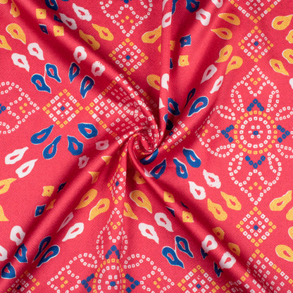 Vermilion Red And Dark Blue Bandhanii Pattern Digital Print Japan Satin Fabric