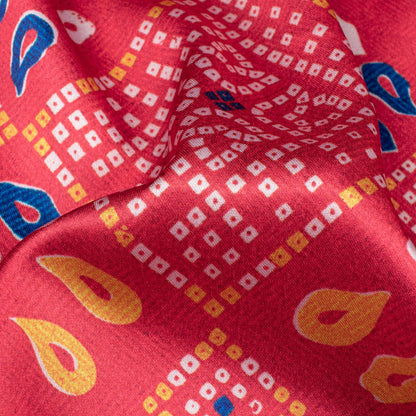 Vermilion Red And Dark Blue Bandhanii Pattern Digital Print Japan Satin Fabric