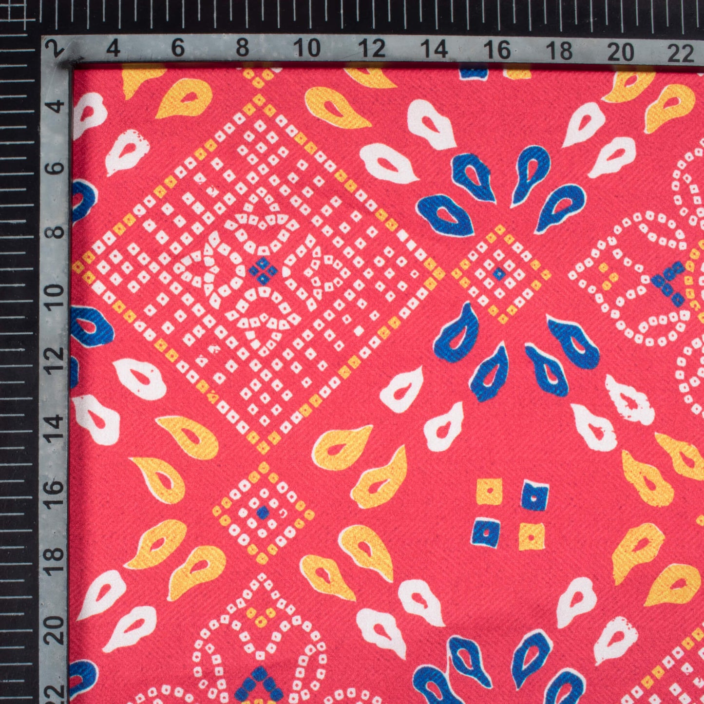 Vermilion Red And Dark Blue Bandhani Pattern Digital Print Japan Satin Fabric