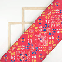 Vermilion Red And Dark Blue Bandhanii Pattern Digital Print Japan Satin Fabric