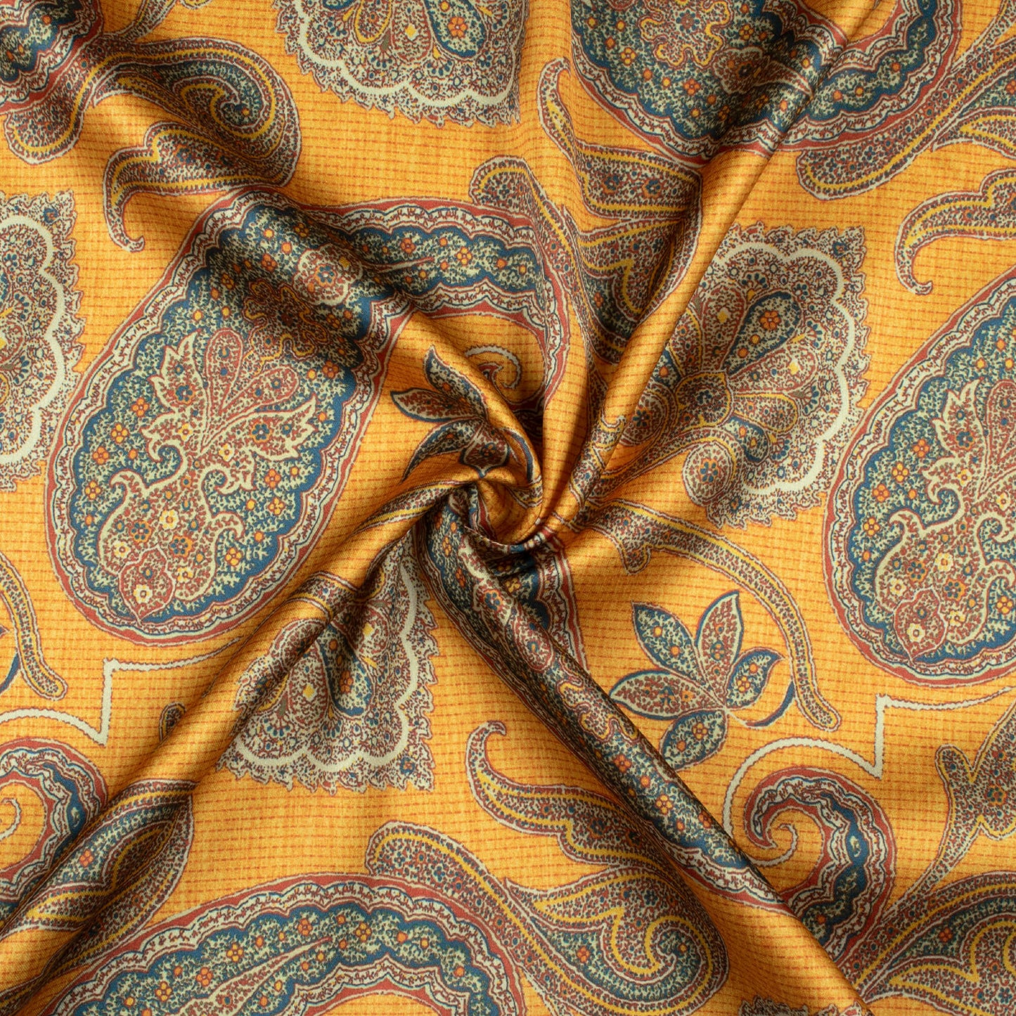 Dijon Yellow And Sacramento Green Paisley Pattern Digital Print Japan Satin Fabric