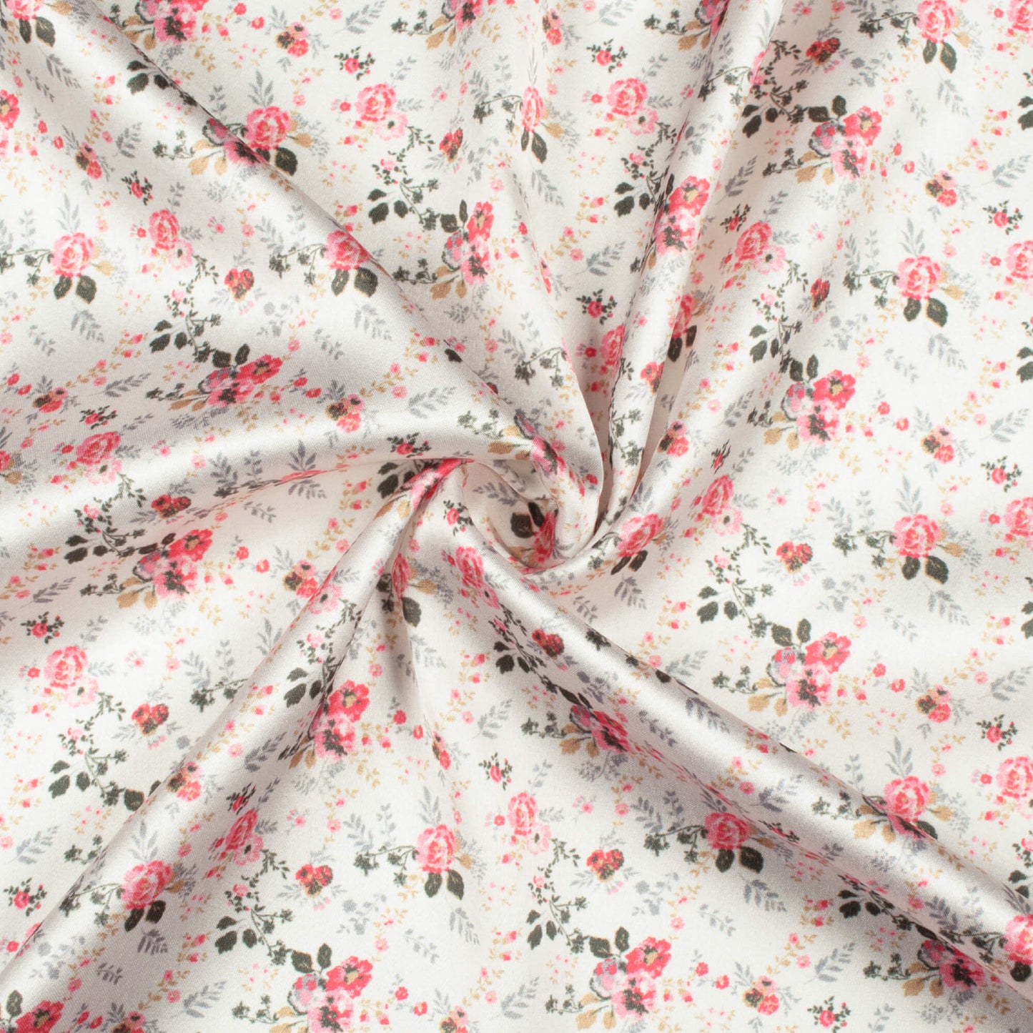 Off White And Taffy Pink Floral Pattern Digital Print Japan Satin Fabric