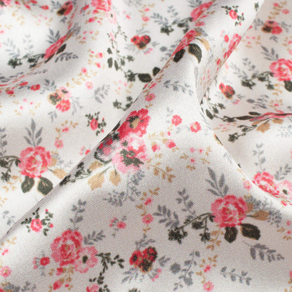 Off White And Taffy Pink Floral Pattern Digital Print Japan Satin Fabric