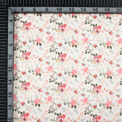 Off White And Taffy Pink Floral Pattern Digital Print Japan Satin Fabric