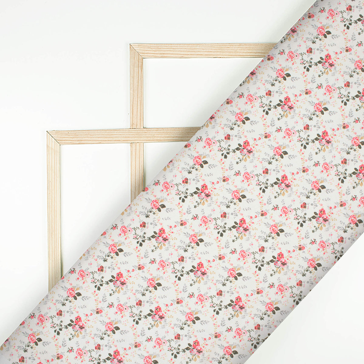 Off White And Taffy Pink Floral Pattern Digital Print Japan Satin Fabric