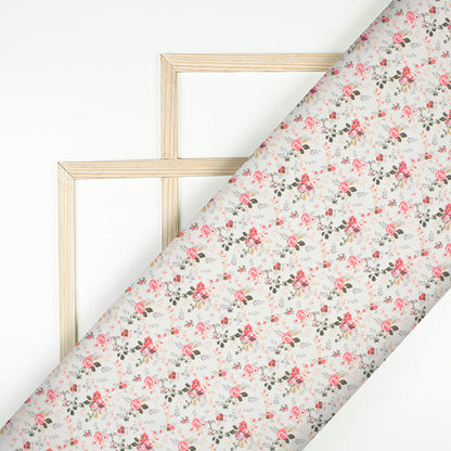 Off White And Taffy Pink Floral Pattern Digital Print Japan Satin Fabric