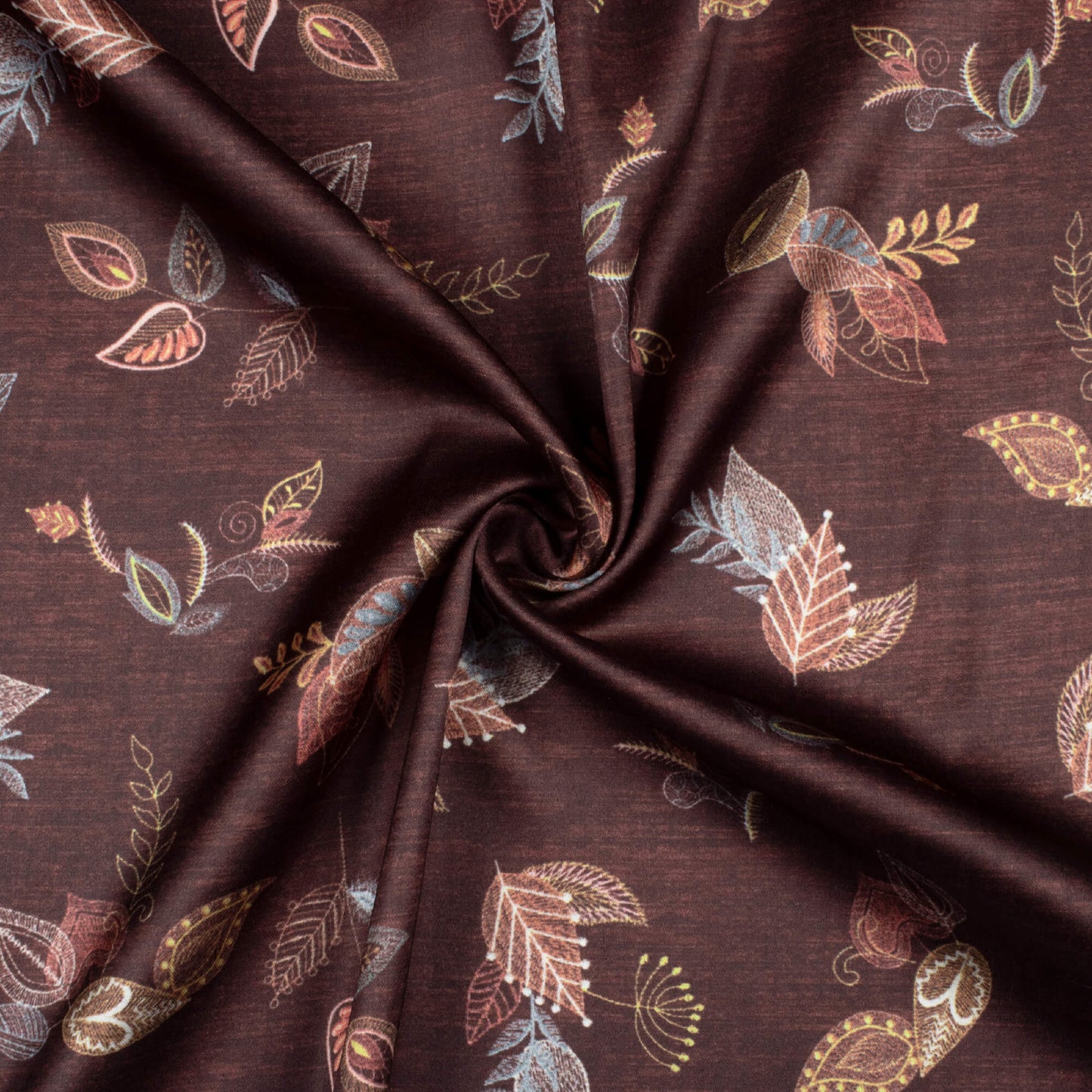 Hickory Brown And Peach Leaf Pattern Digital Print Japan Satin Fabric