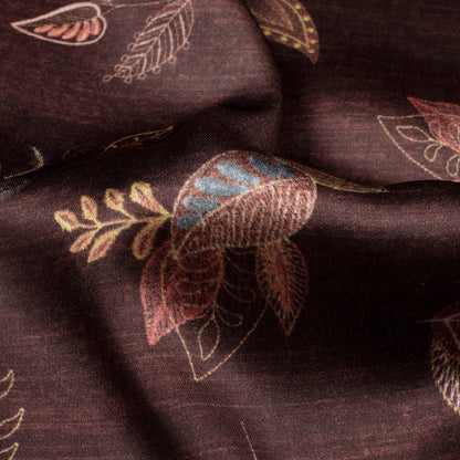Hickory Brown And Peach Leaf Pattern Digital Print Japan Satin Fabric