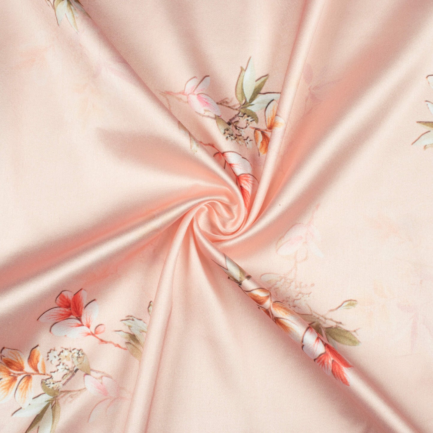 Baby Pink And Brown Floral Pattern Digital Print Japan Satin Fabric