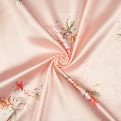 Baby Pink And Brown Floral Pattern Digital Print Japan Satin Fabric