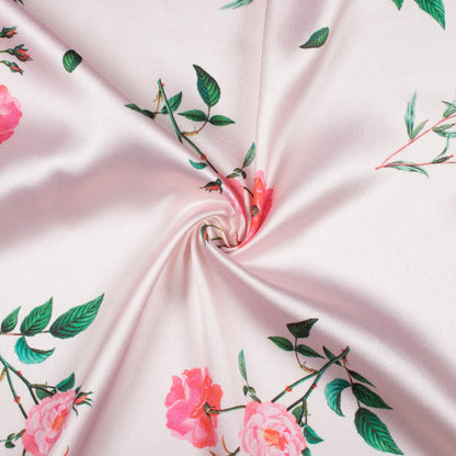 Baby Pink And Green Floral Pattern Digital Print Japan Satin Fabric