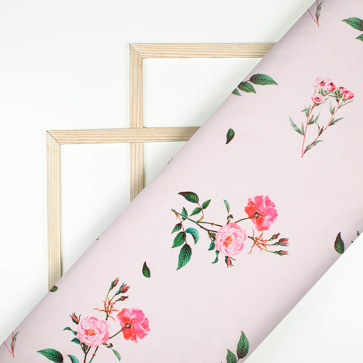 Baby Pink And Green Floral Pattern Digital Print Japan Satin Fabric