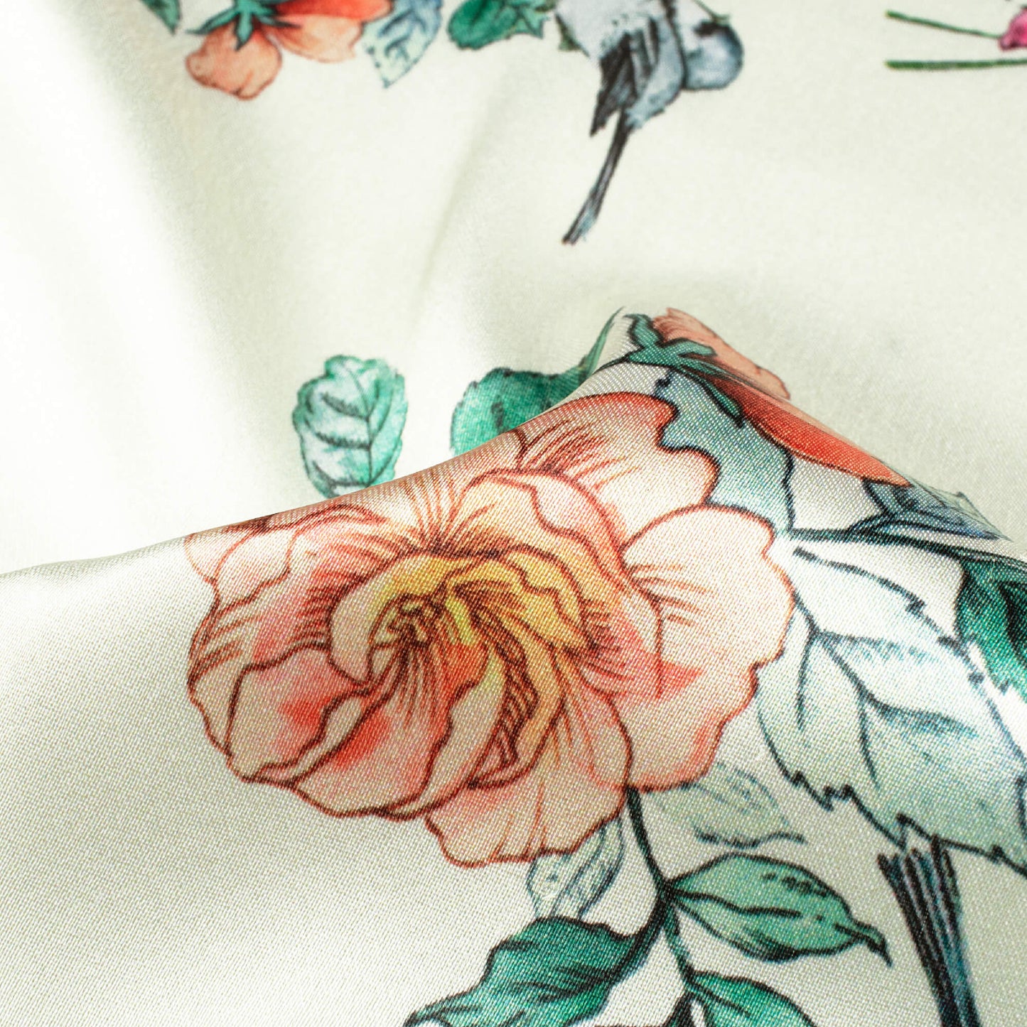 Tea Green And Orange Floral Pattern Digital Print Japan Satin Fabric