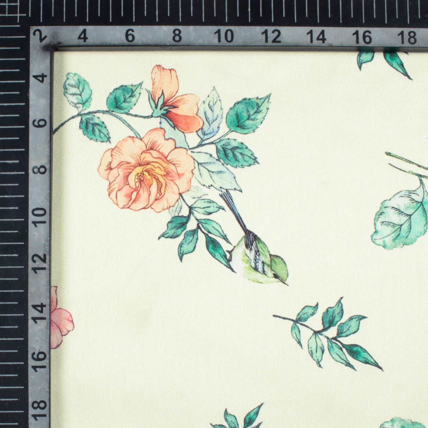 Tea Green And Orange Floral Pattern Digital Print Japan Satin Fabric