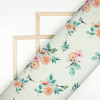 Tea Green And Orange Floral Pattern Digital Print Japan Satin Fabric