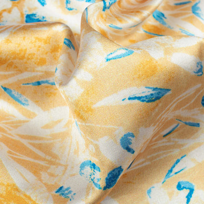 Mustard Yellow And  Blue Abstract Pattern Digital Print Japan Satin Fabric