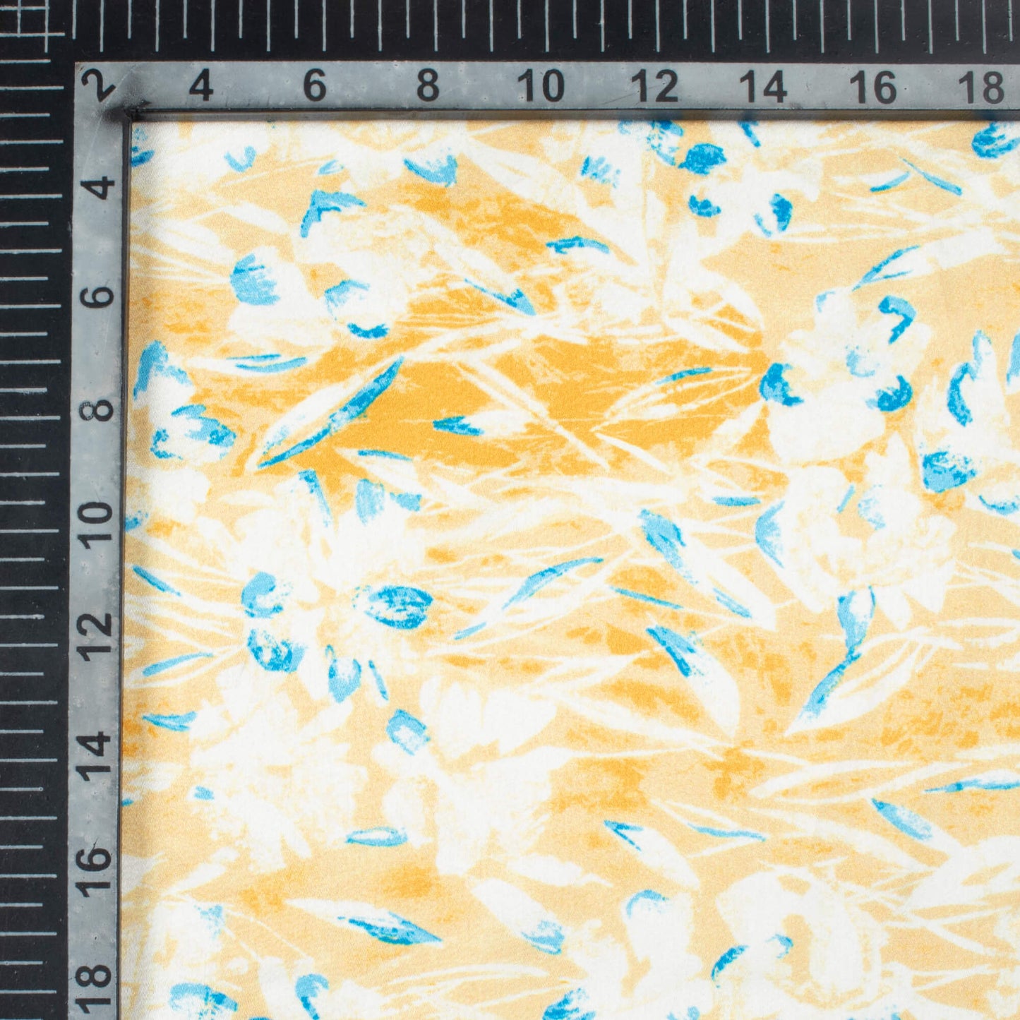 Mustard Yellow And  Blue Abstract Pattern Digital Print Japan Satin Fabric