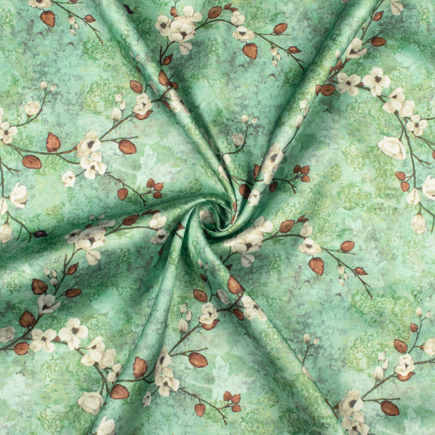 Pistachio Green And Off White Floral Pattern Digital Print Japan Satin Fabric