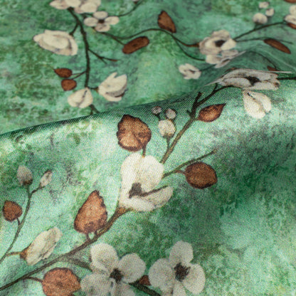 Pistachio Green And Off White Floral Pattern Digital Print Japan Satin Fabric