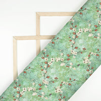 Pistachio Green And Off White Floral Pattern Digital Print Japan Satin Fabric