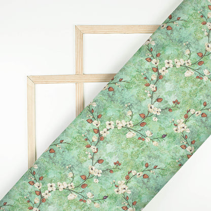 Pistachio Green And Off White Floral Pattern Digital Print Japan Satin Fabric