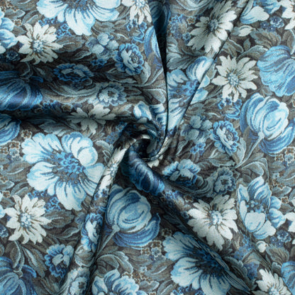 Steel Blue And Cream Floral Pattern Digital Print Japan Satin Fabric
