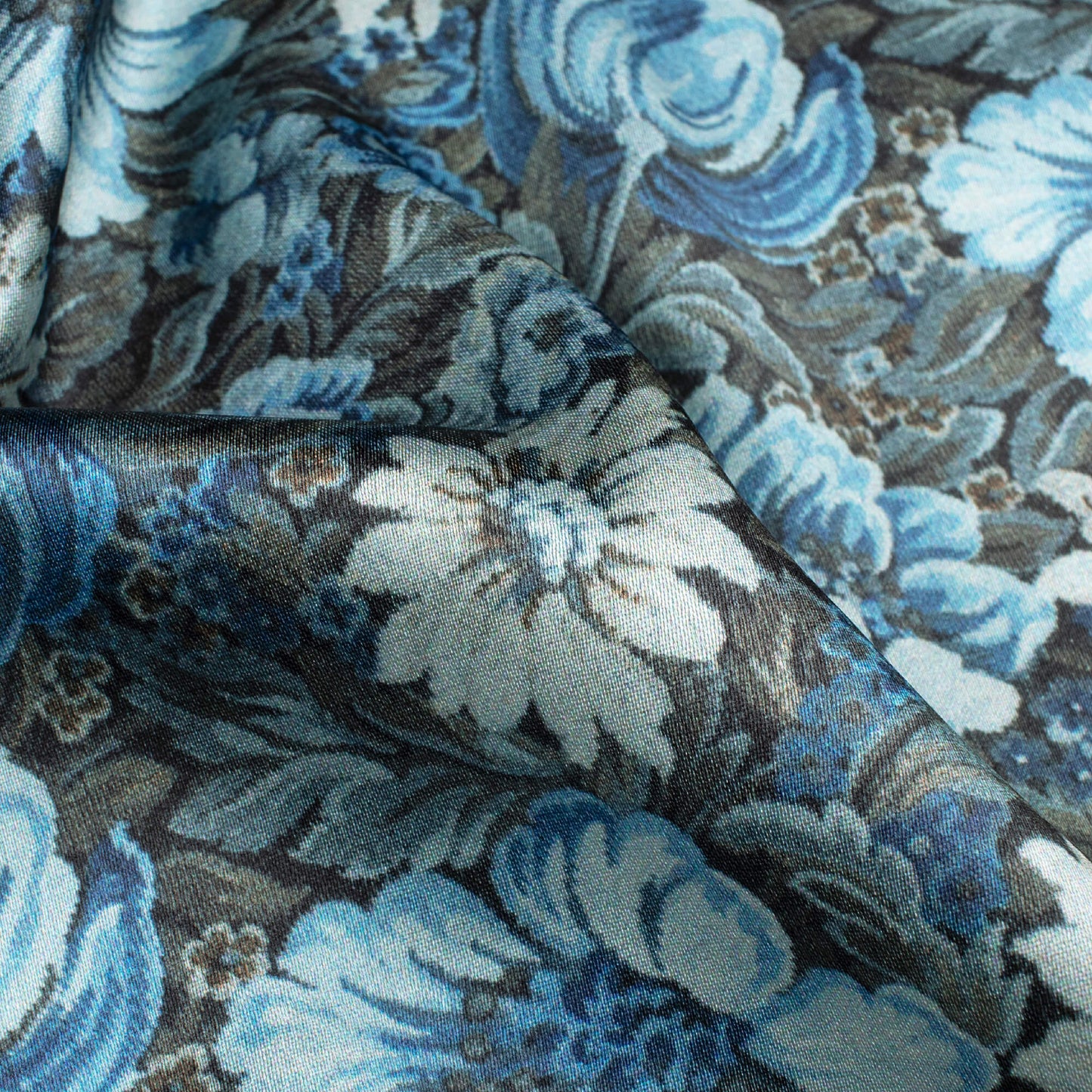 Steel Blue And Cream Floral Pattern Digital Print Japan Satin Fabric