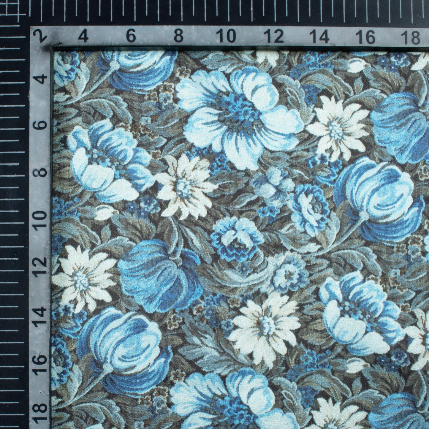 Steel Blue And Cream Floral Pattern Digital Print Japan Satin Fabric