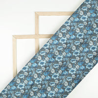 Steel Blue And Cream Floral Pattern Digital Print Japan Satin Fabric